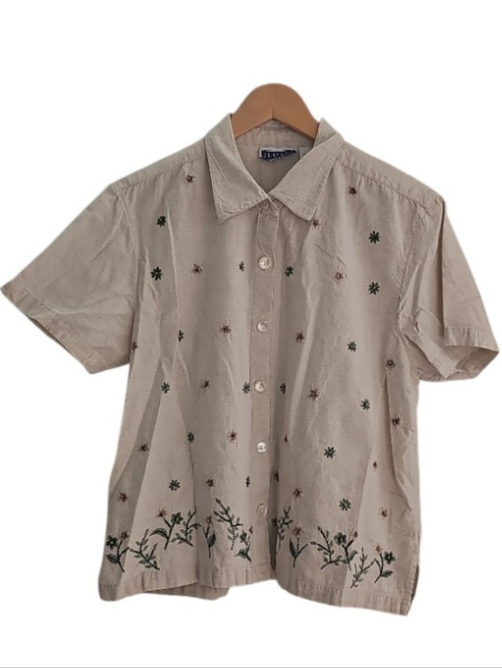 Erika & Co Linen Blend Embroidered Blouse Women’s L Botanical Cottagecore Shirt